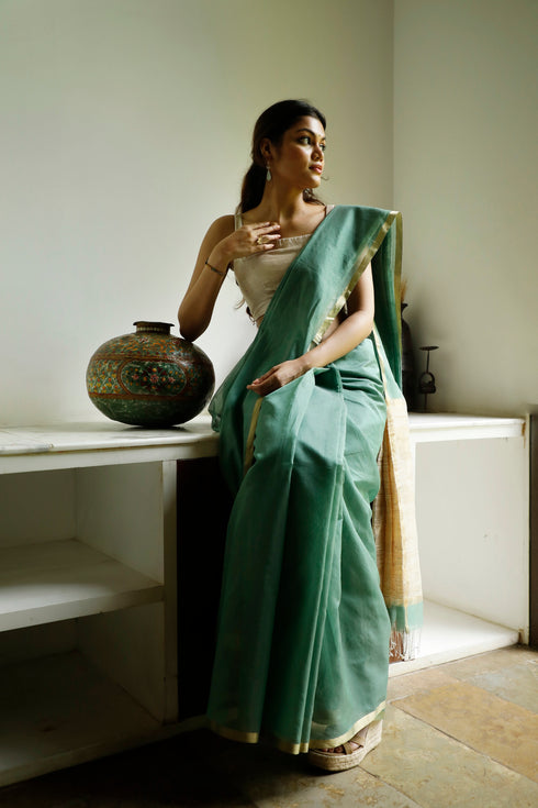 Handwoven Sea Green Maheshwari Saree